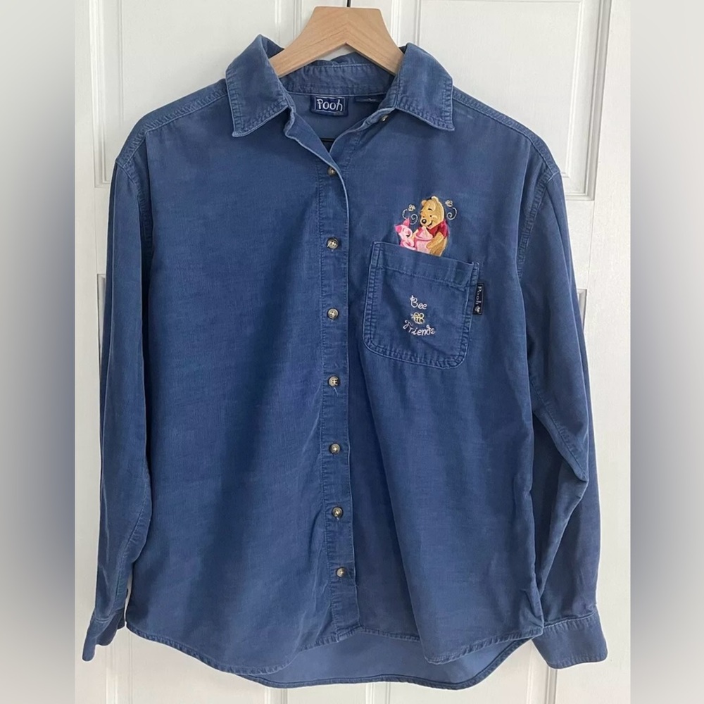 Disney Pooh Embroidered Corduroy Long‎ Sleeve Blue Top Women’s Size S Vtg y2k